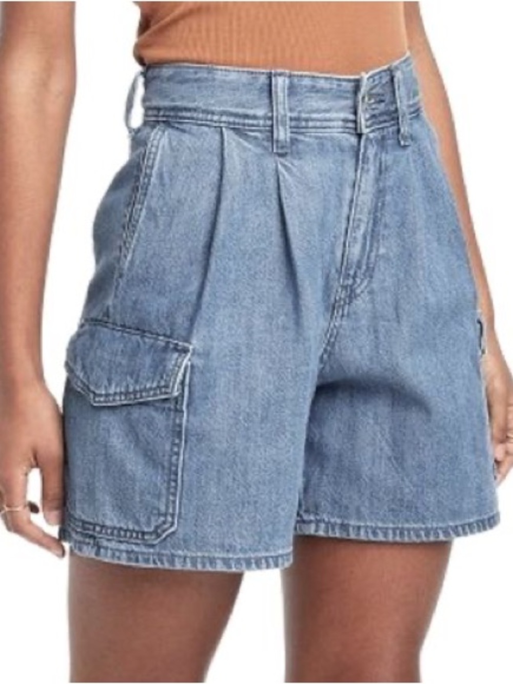 High-Waist Light Blue Denim Cargo Shorts - Women